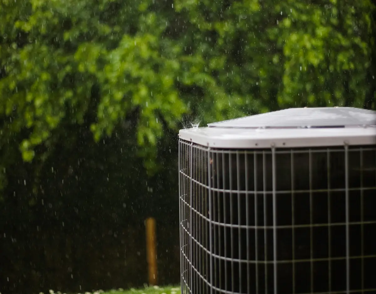 Residential outdoor AC condenser installed at a Tampa home